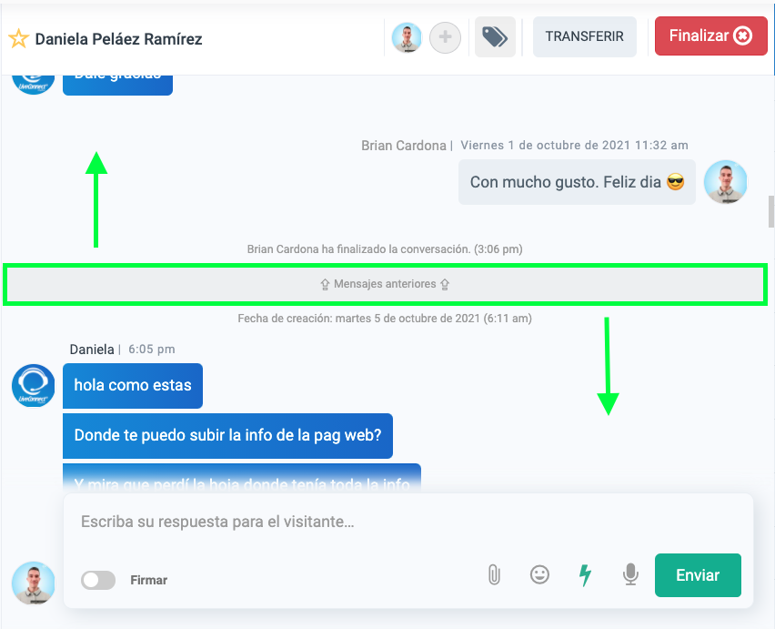 Ver historial de mensajes dentro de la conversacion